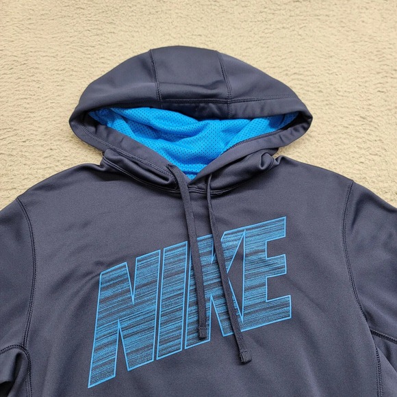 Nike Hoodie Mens Small Blue Therma-Fit Spellout Logo‎ Pockets Casual Outdoors - Picture 2 of 11